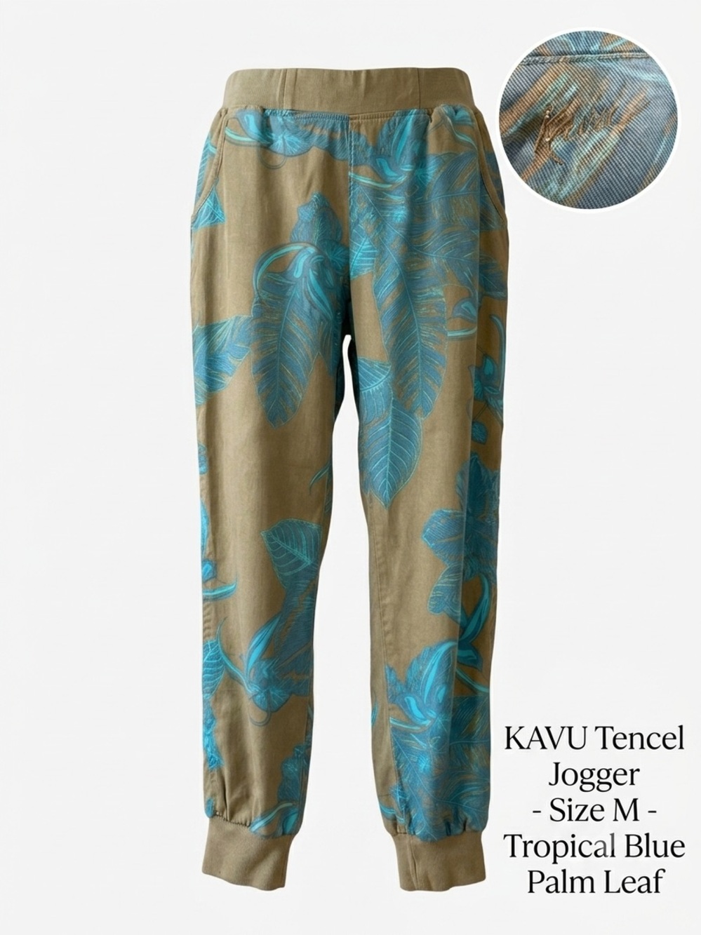 KAVU Leggy Jogger Pants Size M Tropical Blue Palm Leaf 100% Tencel Casual Boho
